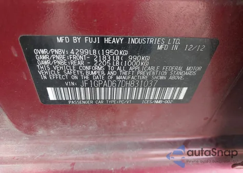 2013 Subaru Impreza 2.0I Premium z USA, uszkodzony, nr VIN JF1GPAD67DH831037